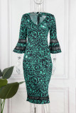 Red Elegant Print Patchwork V Neck One Step Skirt Dresses