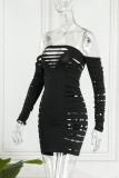 Black Sexy Solid Hollowed Out Off the Shoulder Long Sleeve Dresses