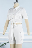 White Casual Solid Bandage Patchwork Pocket Buckle Turndown Collar Short Sleeve Two Pieces