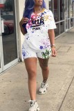 White Street Print Letter O Neck Short Sleeve Two Pieces