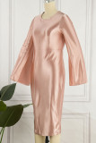 Pink Elegant Solid Patchwork Slit O Neck One Step Skirt Dresses
