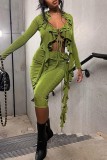 Pink Sexy Solid Patchwork V Neck Long Sleeve Two Pieces