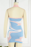 Blue Sexy Print Patchwork Halter Pencil Skirt Dresses