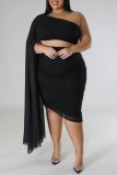 Black Sexy Solid Patchwork Backless Oblique Collar Plus Size Two Pieces
