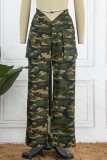 Camouflage Street Print Camouflage Print Patchwork Straight Mid Waist Straight Full Print Bottoms