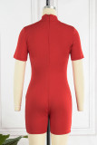 Tangerine Red Sexy Solid Hollowed Out Patchwork Turtleneck Skinny Jumpsuits(Two Pieces)
