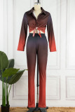 Red Casual Gradual Change Print Patchwork Buckle Turndown Collar Long Sleeve Two Pieces