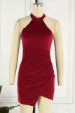 Red Sexy Solid Patchwork Asymmetrical Halter Irregular Dress Dresses