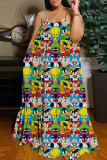 Red Yellow Casual Street Print Patchwork Spaghetti Strap Sling Dress Dresses