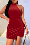 Red Sexy Solid Patchwork Asymmetrical Halter Irregular Dress Dresses
