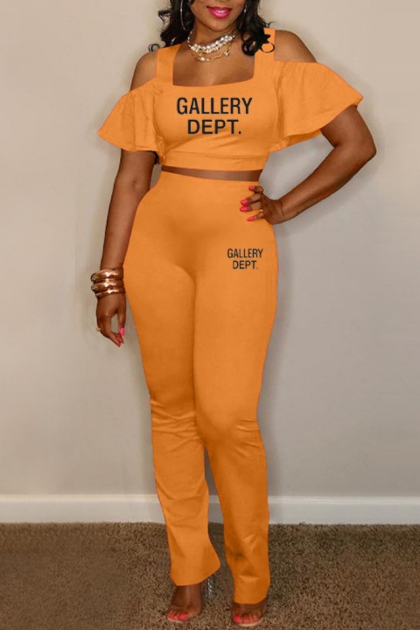 Orange Casual Letter Print Hollowed Out U Neck Short Sleeve Two Pieces