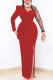 Red Casual Solid Patchwork See-through Slit O Neck Long Sleeve Dresses