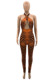 Purple Sexy Print Patchwork Halter Skinny Jumpsuits