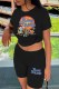 Black Casual Character Print Letter O Neck Short Sleeve Two Pieces
