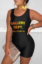 Black Sexy Print Letter U Neck Rompers
