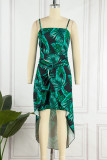 Green Sexy Print Patchwork Slit Spaghetti Strap Sling Dress Dresses