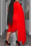 Red Sexy Solid Patchwork Backless Oblique Collar Plus Size Two Pieces