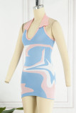 Blue Sexy Print Patchwork Halter Pencil Skirt Dresses