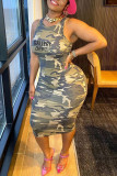 Army Green Casual Letter Camouflage Print Basic O Neck Sleeveless Dress Dresses