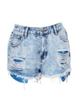 Blue Denim Zipper Fly High Hole washing Straight shorts Bottoms