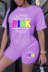 Purple Casual Print Letter O Neck Short Sleeve Two Pieces
