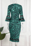 Red Elegant Print Patchwork V Neck One Step Skirt Dresses