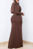 Dark Brown Casual Solid Patchwork See-through Slit O Neck Long Sleeve Dresses