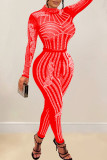 Red Sexy Patchwork Hot Drilling See-through Half A Turtleneck Skinny Jumpsuits