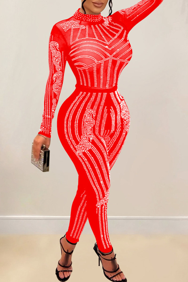 Red Sexy Patchwork Hot Drilling See-through Half A Turtleneck Skinny Jumpsuits