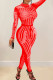 Red Sexy Patchwork Hot Drilling See-through Half A Turtleneck Skinny Jumpsuits