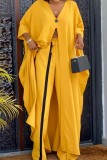 Yellow Casual Solid Patchwork V Neck Three Quarter Two Pieces