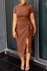 Brown Casual Solid Slit O Neck Short Sleeve Two Pieces
