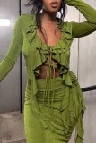 Pink Sexy Solid Patchwork V Neck Long Sleeve Two Pieces