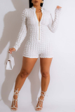 White Sexy Solid Patchwork Zipper Collar Skinny Rompers