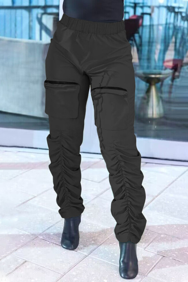 Black Casual Street Solid Patchwork Pocket Fold High Waist Pencil Solid Color Bottoms