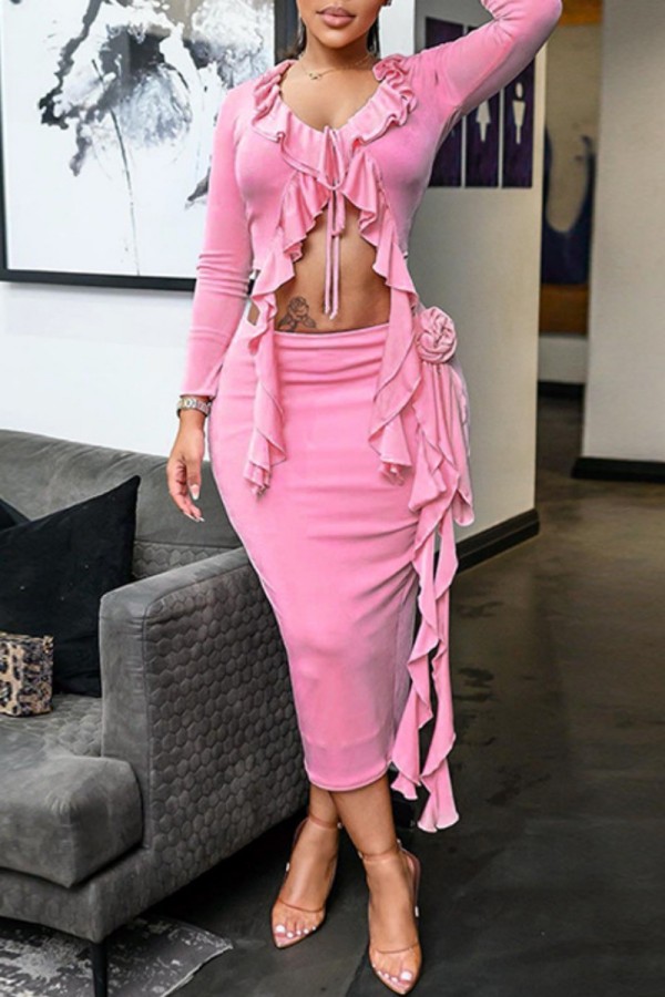 Pink Sexy Solid Patchwork V Neck Long Sleeve Two Pieces