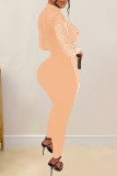 Red Sexy Patchwork Hot Drilling See-through Half A Turtleneck Skinny Jumpsuits