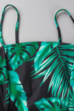 Green Sexy Print Patchwork Slit Spaghetti Strap Sling Dress Dresses