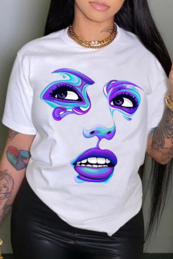 White Casual Print Basic O Neck T-Shirts