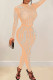 Apricot Sexy Patchwork Hot Drilling See-through Half A Turtleneck Skinny Jumpsuits