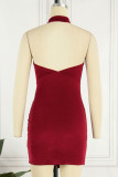 Red Sexy Solid Patchwork Asymmetrical Halter Irregular Dress Dresses