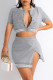 Grey Casual Solid Patchwork Slit O Neck Short Sleeve Two Pieces