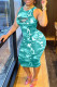Cyan Casual Letter Camouflage Print Basic O Neck Sleeveless Dress Dresses