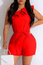 Red Casual Solid Backless Oblique Collar Sleeveless Two Pieces