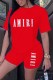 Red Casual Print Letter O Neck Short Sleeve Two Pieces