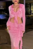 Pink Sexy Solid Patchwork V Neck Long Sleeve Two Pieces