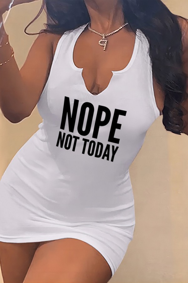 White Casual Letter Print Basic V Neck Vest Dress Dresses