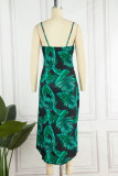 Green Sexy Print Patchwork Slit Spaghetti Strap Sling Dress Dresses