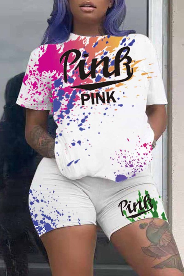 White Street Print Letter O Neck Short Sleeve Two Pieces