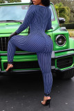 Blue Sexy Striped Print Patchwork U Neck Skinny Jumpsuits